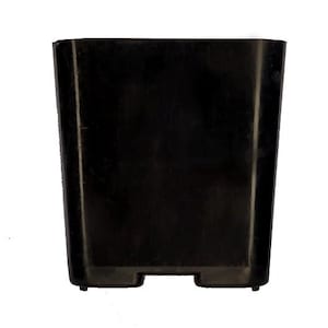 May include: A black plastic square plant pot with a flat bottom and rounded edges.