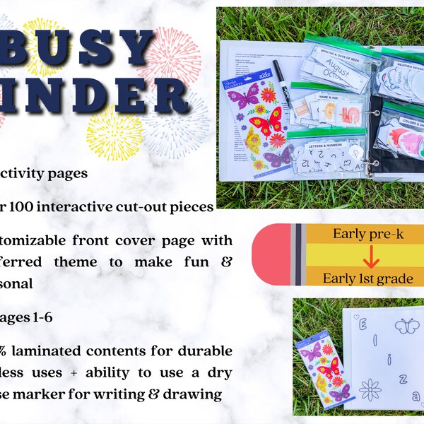 Busy Binder | Learning Binder | Ages 1-6  | High Quality 100% Laminated | Interactive Velcro - Dry Erase | Customizable | Reading & Writing