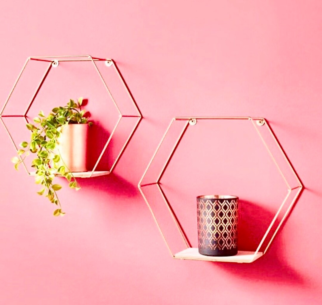 Hexagon Floating Wall Shelf Gold Set of 2 Gold Wall Decor Etsy