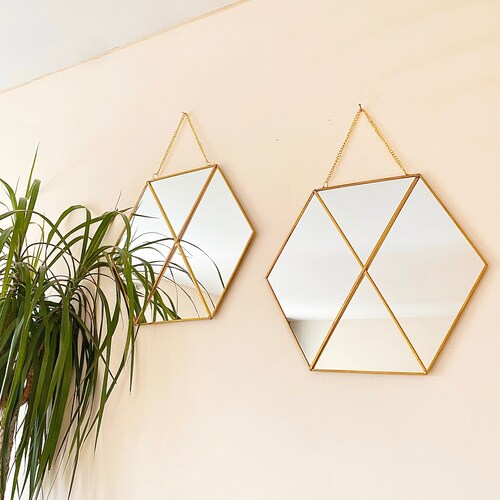 Gold Hexagon Mirror Wall Decor Set of 2 Geometric Hanging Etsy