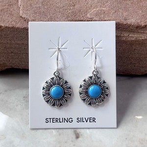 Handgemachte südwestliche Dornröschen Türkis & Sterling Silber Blume baumeln Ohrringe