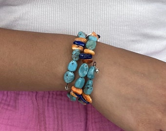 Handmade Southwestern Genuine Kingman Turquoise, Spiny Oyster, and Blue Lapis & Sterling Silver Memory Bracelet