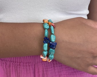 Handmade Southwestern Genuine Kingman Turquoise, Spiny Oyster, and Blue Lapis & Sterling Silver Memory Bracelet