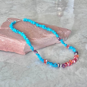Handmade Santo Domingo Spiny Oyster Shell & Sleeping Beauty Turquoise Sterling Silver Necklace 18&quot;