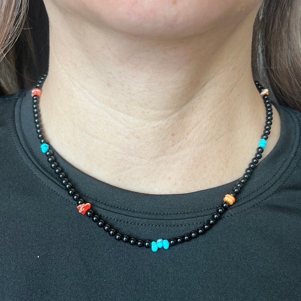 Handmade Geuine Black Onyx, Turquoise, and Spiny Oyster Sterling Silver Necklace 18"