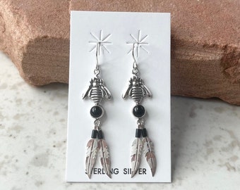 Handmade Southwestern Genuine Black Onyx & Sterling Silver Dangle Bee Earrings