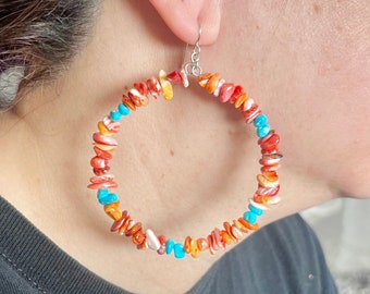 Handmade Southwestern Genuine Sleeping Beauty Turquoise & Spiny Oyster Sterling Silver 2.25" Hoop Earrings