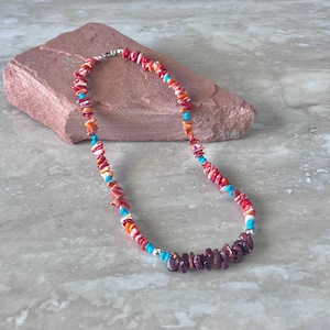 Handmade Santo Domingo Spiny Oyster Shell & Sleeping Beauty Turquoise Sterling Silver Necklace 18&quot;