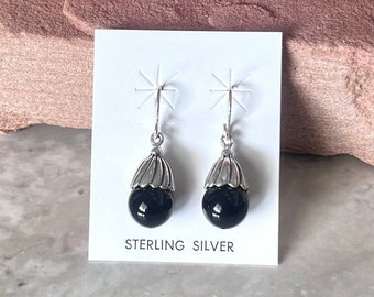 Handmade Southwestern Genuine Black Onyx & Sterling Silver Dangle Earrings