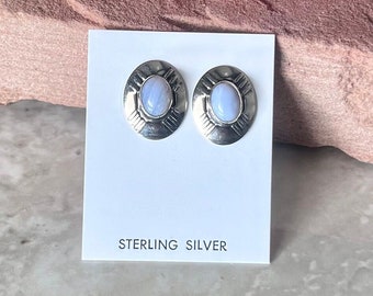 Handmade Southwestern Genuine Blue Lace Agate & Sterling Silver Stud Earrings