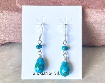 Handmade Southwestern Genuine Turquoise & Sterling Silver Dangle Earrings