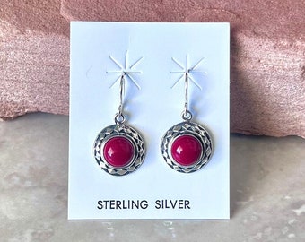 Handmade Southwestern Red Coral & Sterling Silver Dangle Earrings