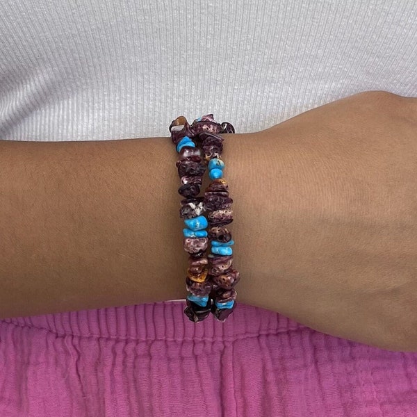 Handmade Southwestern Genuine Purple Spiny Oyster Shell and Turquoise & Sterling Silver Memory Bracelet