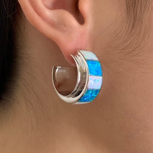 Southwestern Multicolor Opal Inlay & Sterling Silver Hoop Earrings
