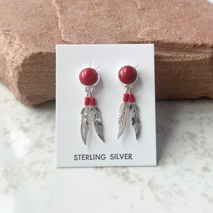Handmade Southwestern Genuine Red Coral & Sterling Silver 8mm Feather Stud Earrings