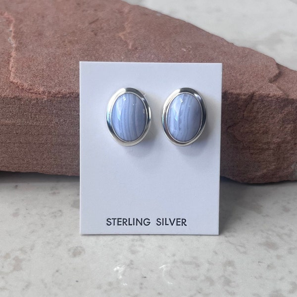 Handmade Southwestern Genuine Blue Lace Agate & Sterling Silver Stud Earrings