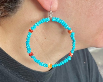 Handmade Southwestern Genuine Sleeping Beauty Turquoise & Spiny Oyster Sterling Silver 2.25" Hoop Earrings