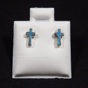 Blue Fire Opal Inlay & Sterling Silver Cross Stud Earrings
