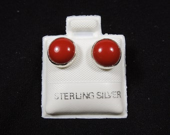 Handmade Southwestern Genuine Red Coral & Sterling Silver 8mm Stud Earrings