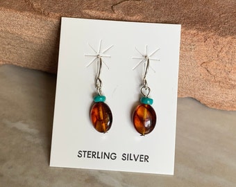 Handmade Southwestern Genuine Amber, Kingman Turquoise, & Sterling Silver Dangle Earrings