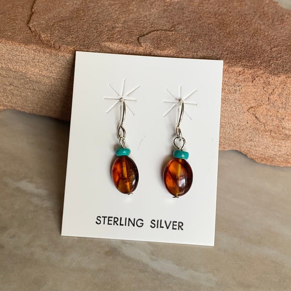 Handmade Southwestern Genuine Amber, Kingman Turquoise, & Sterling Silver Dangle Earrings