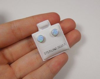 Blue Fire Opal Cabochon & Sterling Silver 5mm Stud Earrings