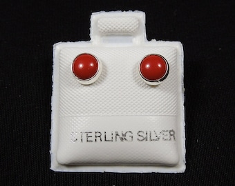 Handmade Southwestern Genuine Red Coral & Sterling Silver 5mm Stud Earrings