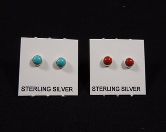 Earring Studs Set Turquoise Red Coral Sterling Silver 4mm Round