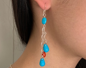 Handmade Southwestern Genuine Sleeping Beauty Turquoise, Red Coral, & Sterling Silver Earrings