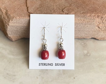 Handmade Southwestern Genuine Red Coral & Sterling Silver Dangle Earrings