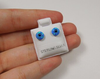 Blue Fire Opal & Sterling Silver 6mm Evil Eye Stud Earrings