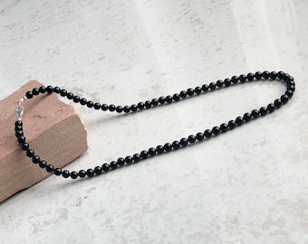 Handmade Geuine 6mm Black Onyx & Sterling Silver Necklace 18”