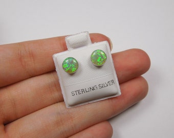 Green Fire Opal Cabochon & Sterling Silver 6mm Stud Earrings