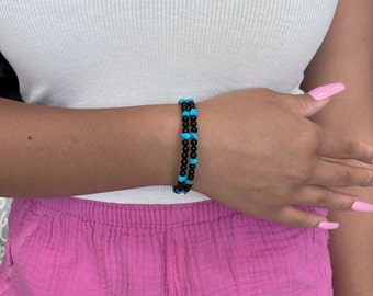 Handmade Southwestern Genuine Black Onyx and Sleeping Beauty Turquoise & Sterling Silver Memory Bracelet