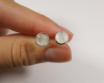 Handmade Southwestern Genuine Rainbow Moonstone & Sterling Silver 6mm Stud Earrings