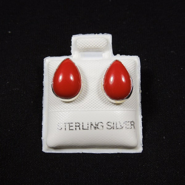 Handmade Southwestern Genuine Red Coral & Sterling Silver 7x10mm Stud Earrings