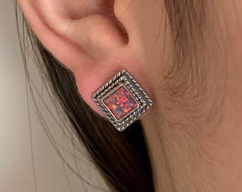 Southwestern Red Fire Opal & Sterling Silver Stud Earrings