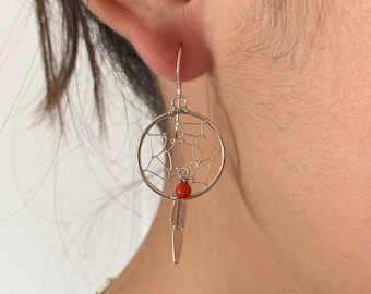 Handmade Southwestern Dreamcatcher Red Coral & Sterling Silver Dangle Earrings