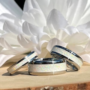 Frost White Opal Inlay Ring, Stainless Steel, Titanium, Tungsten, Women, Men, Wedding, Engagement, Anniversary