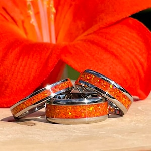 Orange Opal Inlay Ring, Stainless Steel, Titanium, Tungsten, Women, Men, Wedding, Anniversary