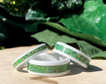 Olive Green Opal Inlay Ring, White Ceramic, Womens, Mens, Wedding, Engagement, Anniversary