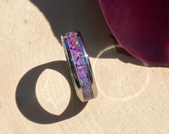 Purple Ombre Opal Inlay Ring, Stainless Steel, Titanium, Tungsten, Ceramic, Womens, Mens, Wedding, Engagement, Anniversary