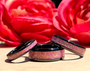 Pink Opal Ring For Weddings, Anniversaries, Engagements in Black Ceramic.  For men or women