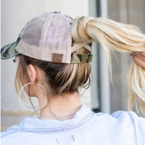 Upcycled LV Patch Distressed Trucker Hat CC Ponytail Cap Beige Gray Mesh Upcycled Louis Vuitton keychain cardholder purse earrings hat main image 2