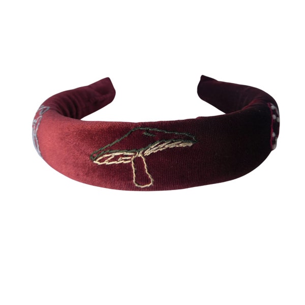 Fall mushroom velvet headband in warm redwood lightly padded