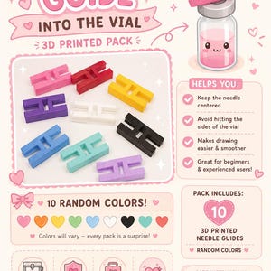 May include: A set of 10 3D printed needle guides in various colors, designed to center a needle into a vial. The guides are H-shaped, lightweight, and reusable. The graphic includes text such as NEEDLE GUIDE INTO THE VIAL, 3D PRINTED PACK, and care instructions for hand washing with warm water.