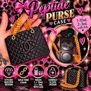 May include: A black quilted purse case with a gold-tone chain handle. The case features the text Peptide Purse Case and holds 1-10ml and 2-3ml vials with lids. The design includes a diamond icon, a chain icon, and a lock icon with a heart.