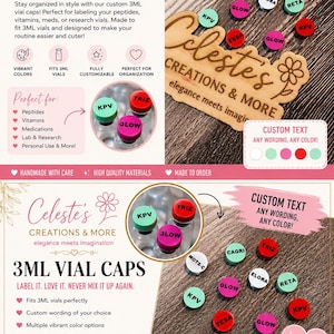 May include: Custom 3ML vial caps in various colors including red, pink, white, and mint green. Each cap features personalized text such as KPV, TRIZ, GLOW, MOTS-C, CAGRI, ELORA, RETA, and TESA. The caps are designed to fit 3ML vials for organization.