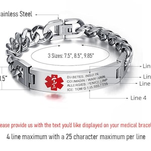 May include: A silver medical alert bracelet with a red medical symbol and engraved text. The bracelet is available in three sizes: 7.5 inches, 8.5 inches, and 9.85 inches. The text on the bracelet reads: "DIABETES, INSUI IN COUMADIN/WARFARIN ALLERGIES: PENICILINP ICE TOM G 555.555.555".