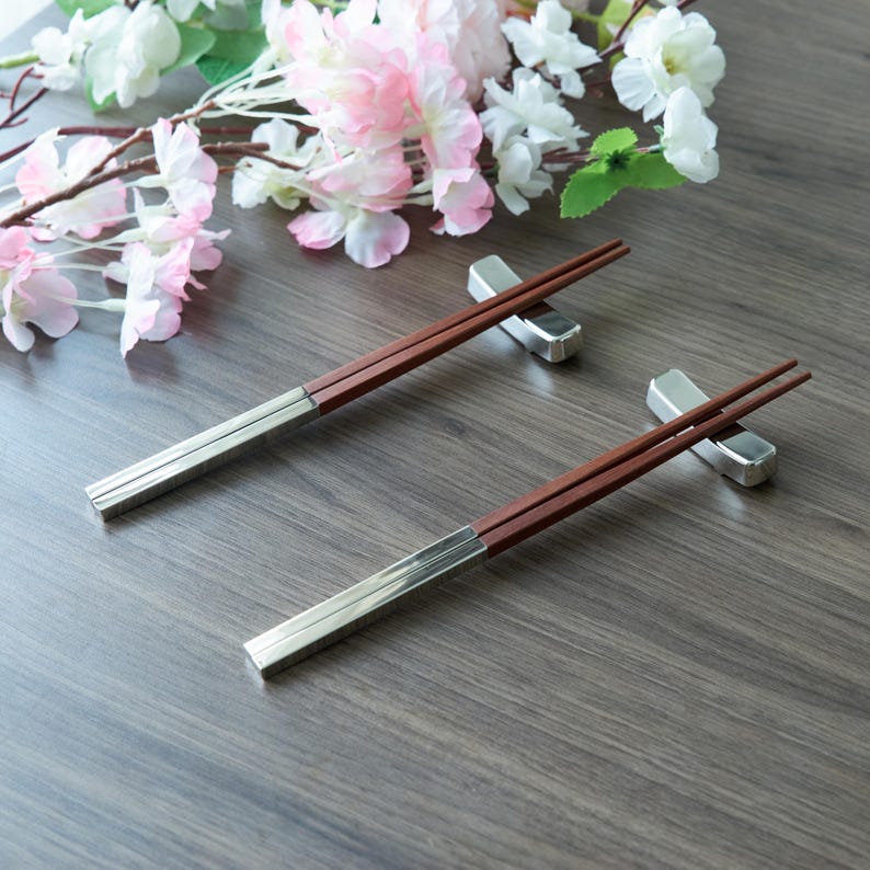 Personalized Teak Wood Chopsticks Set | Silver Accents, Dining Gift image 2